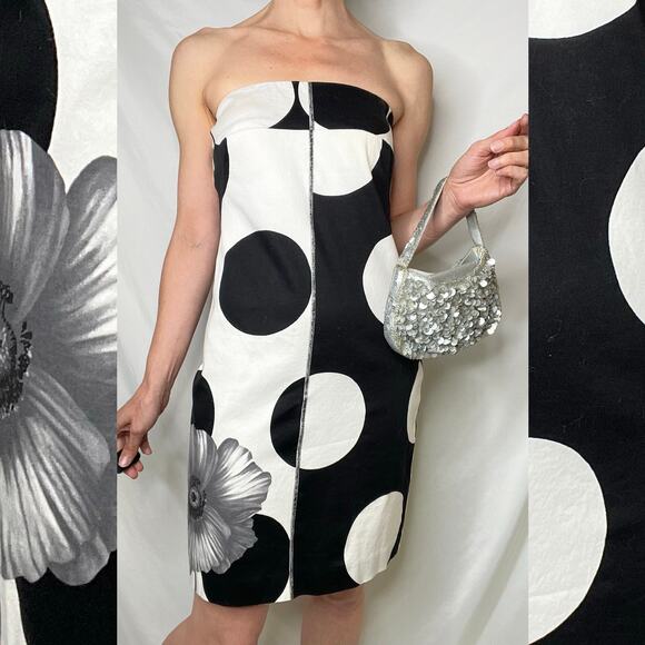 Cache strapless polka dot flower mini dress white black floral vintage Y2K 4 - Picture 16 of 16